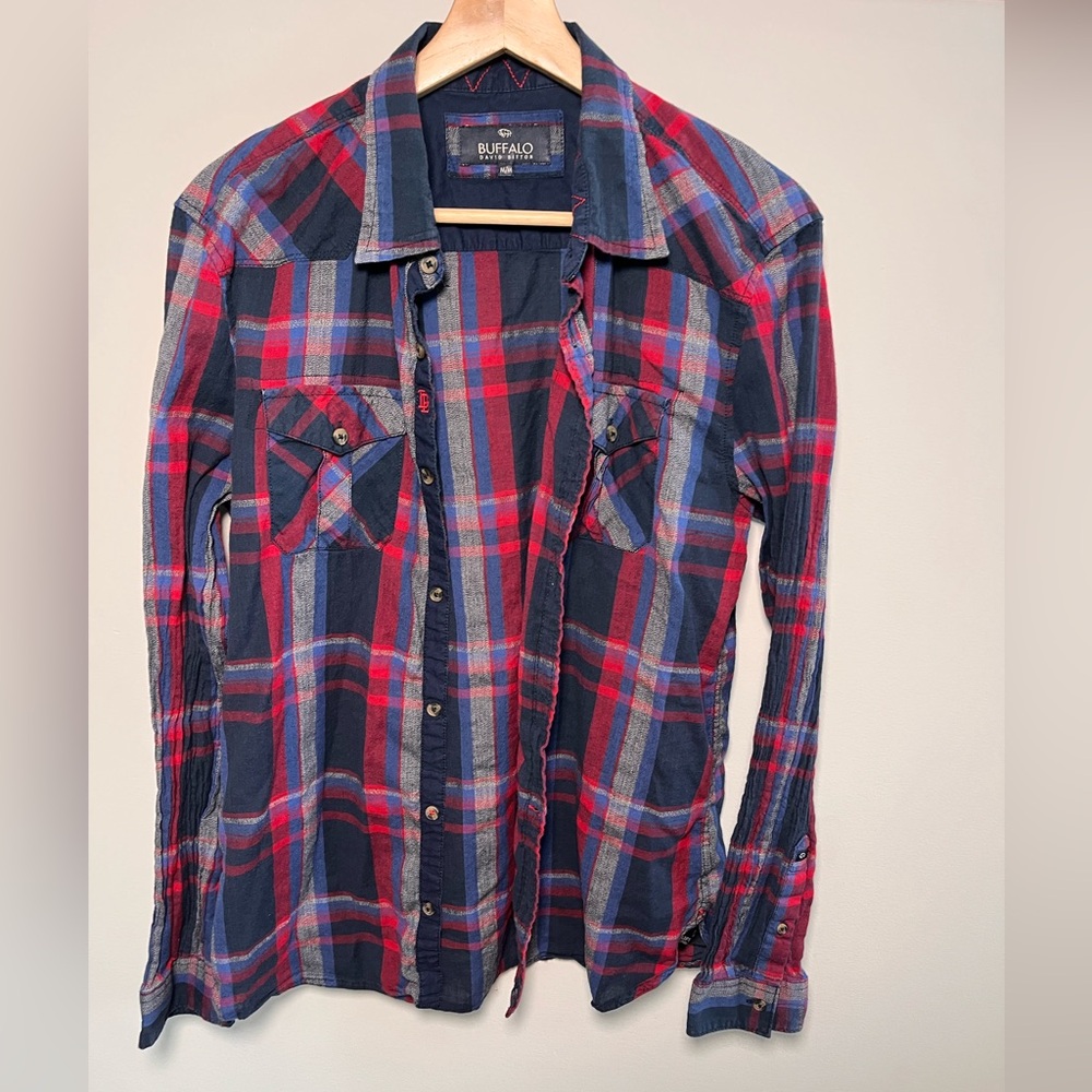 Buffalo David Bitton Mens Plaid Button Down Shirt Navy Red‎ Grey Long Sleeve M